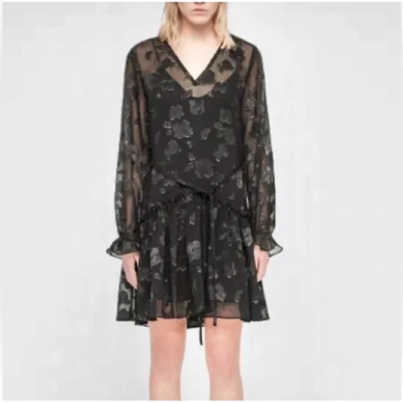 All Saints Black & Gold Embroidered Sheer Dress w/ Slip - Picture 1 of 7
